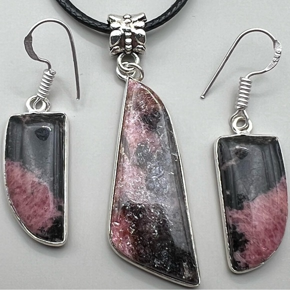 New Pink Rhodonite Stone Silver Overlay Pendant Earrings Necklace Set w Cord - Picture 1 of 8